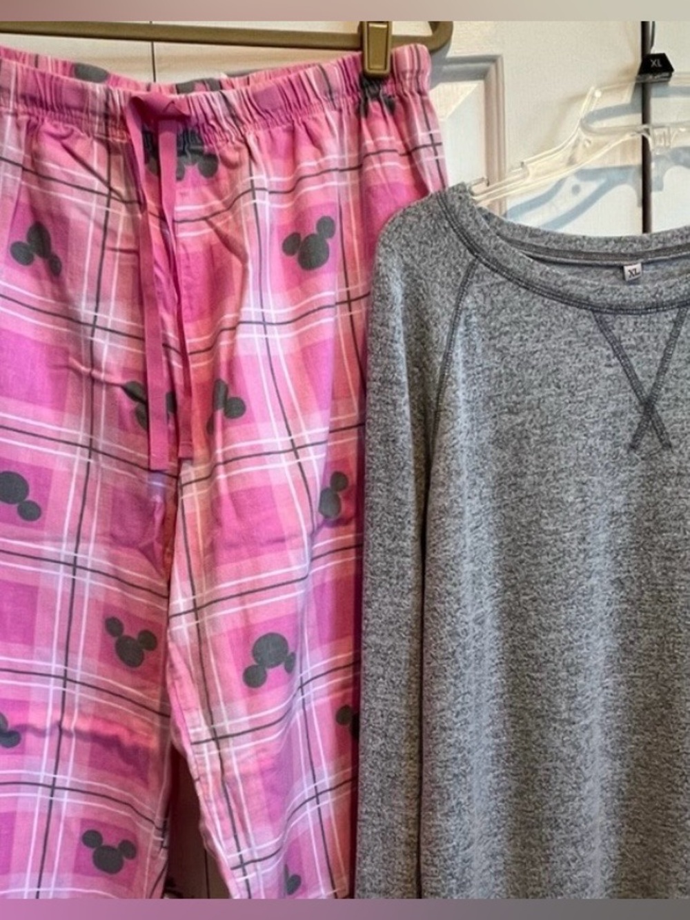 2Pc PJ Set 🩷Pink Plaid Mickey Mouse Pajama Pants & Long Sleeve Gray Top